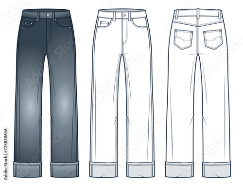 Cropped Jeans Pants technical fashion illustration. Cuff Denim Pants fashion flat technical drawing template, hight waist, straight, front and back view, white, grey, women, men, unisex CAD mockup set