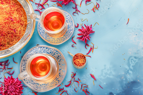 Abstract composition of delicious saffron infusion tea, drinks concept, generative ai