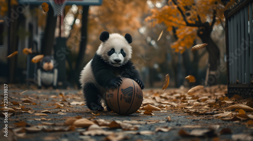 Action photograph of baby panda bear playing basketball Animals. Sports photo