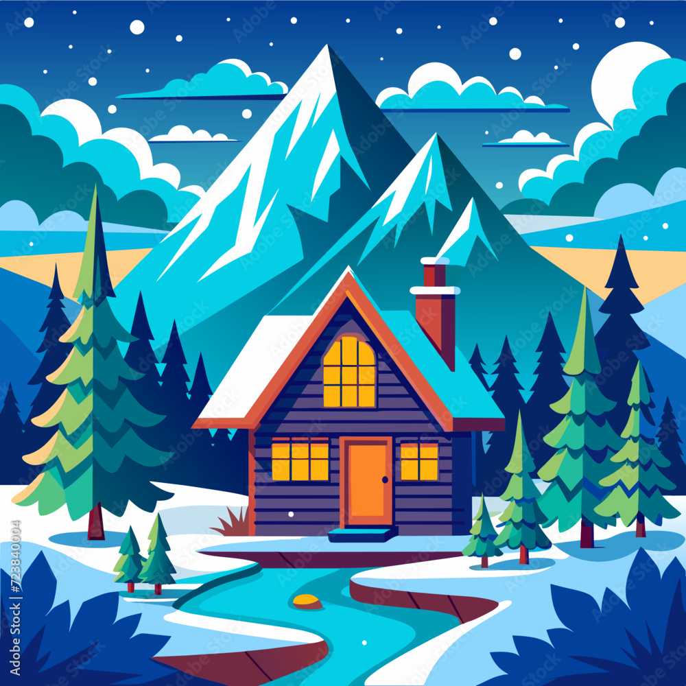 Landscape at night mountains are covered with snow, a wooden house in which the windows are burning stands in the forest. Vector illustration