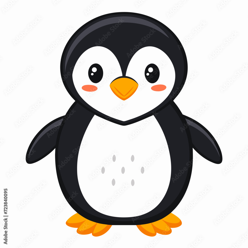 Fototapeta premium A small black penguin with a white belly holds its arms spread out. Vector illustration isolated on white