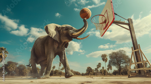 Action photograph of elephant playing basketball Animals. Sports