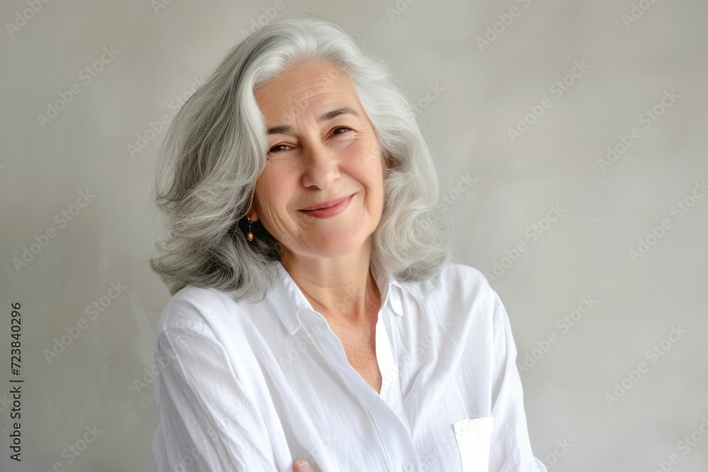 Beautiful gorgeous 50s mid age beautiful elderly senior model woman with grey hair laughing and smiling. Mature old lady close up portrait. Healthy face skin care beauty, skincare cosmetics, dental Ai Beautiful gorgeous 50s mid age beautiful elderly senior model woman with grey hair laughing and smiling. Mature old lady close up portrait. Healthy face skin care beauty, skincare cosmetics, dental Ai