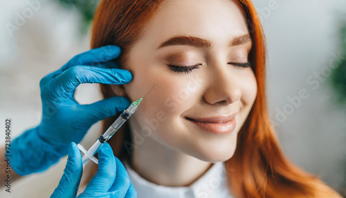 young Caucasian woman, eyes closed in bliss, undergoing cosmetic injection from a clear, unlabeled vial