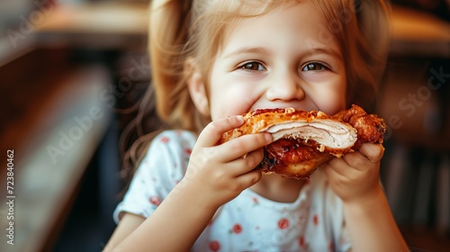 Preteen girl eating fried chicken in restaurant with blurred background and copy space