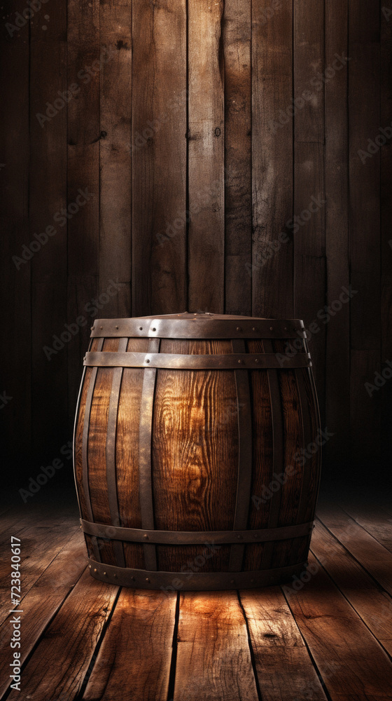 Wooden barrel on old wooden planks background with copy space . Wooden barrel on old wooden planks background with copy space .
