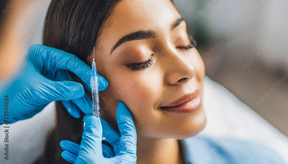 young Caucasian woman, eyes closed in bliss, undergoing cosmetic injection from a clear, unlabeled vial young Caucasian woman, eyes closed in bliss, undergoing cosmetic injection from a clear, unlabeled vial