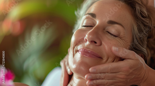 Beautiful mature woman enjoying massage in spa. 