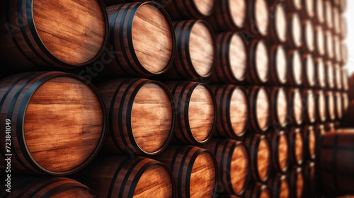 Wine barrels stacked in cellar of winery .