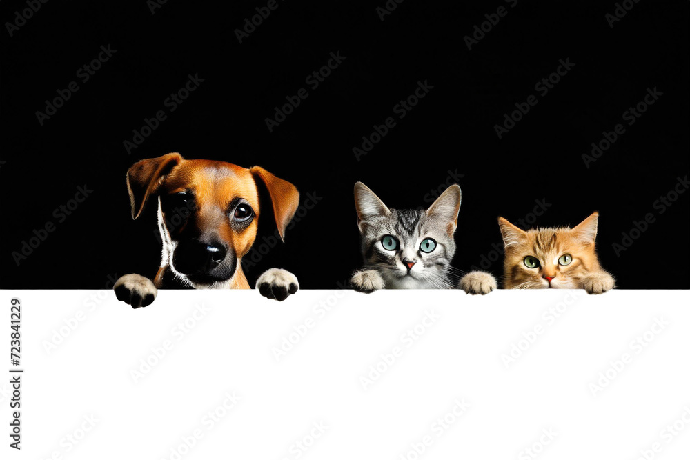 Obraz premium A cute cats and dog puppy holds a white blank banner. on black background, copy space.