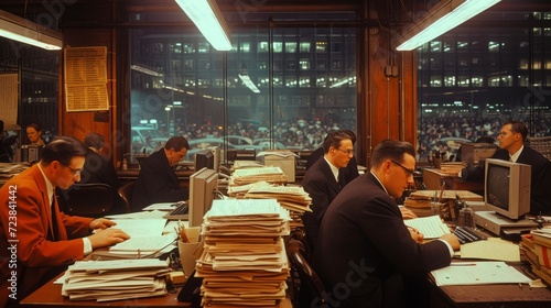 A group of people working in an office at night photo