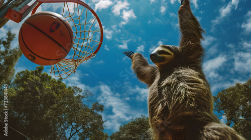 Action photograph of sloth playing basketball Animals. Sports