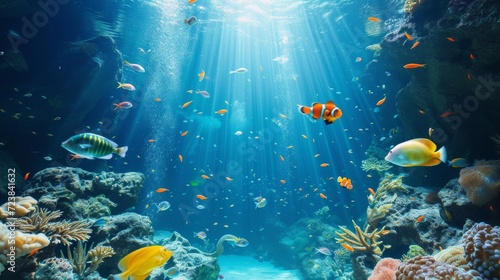 Fish swimming under the sea, aquarium, cartoon fish, nemo, blue ocean with full of fish swimming around the coral, Generative AI 