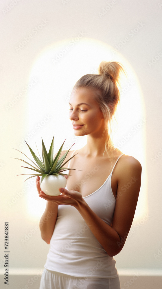 Beautiful young woman with aloe vera plant on light background Beautiful young woman with aloe vera plant on light background