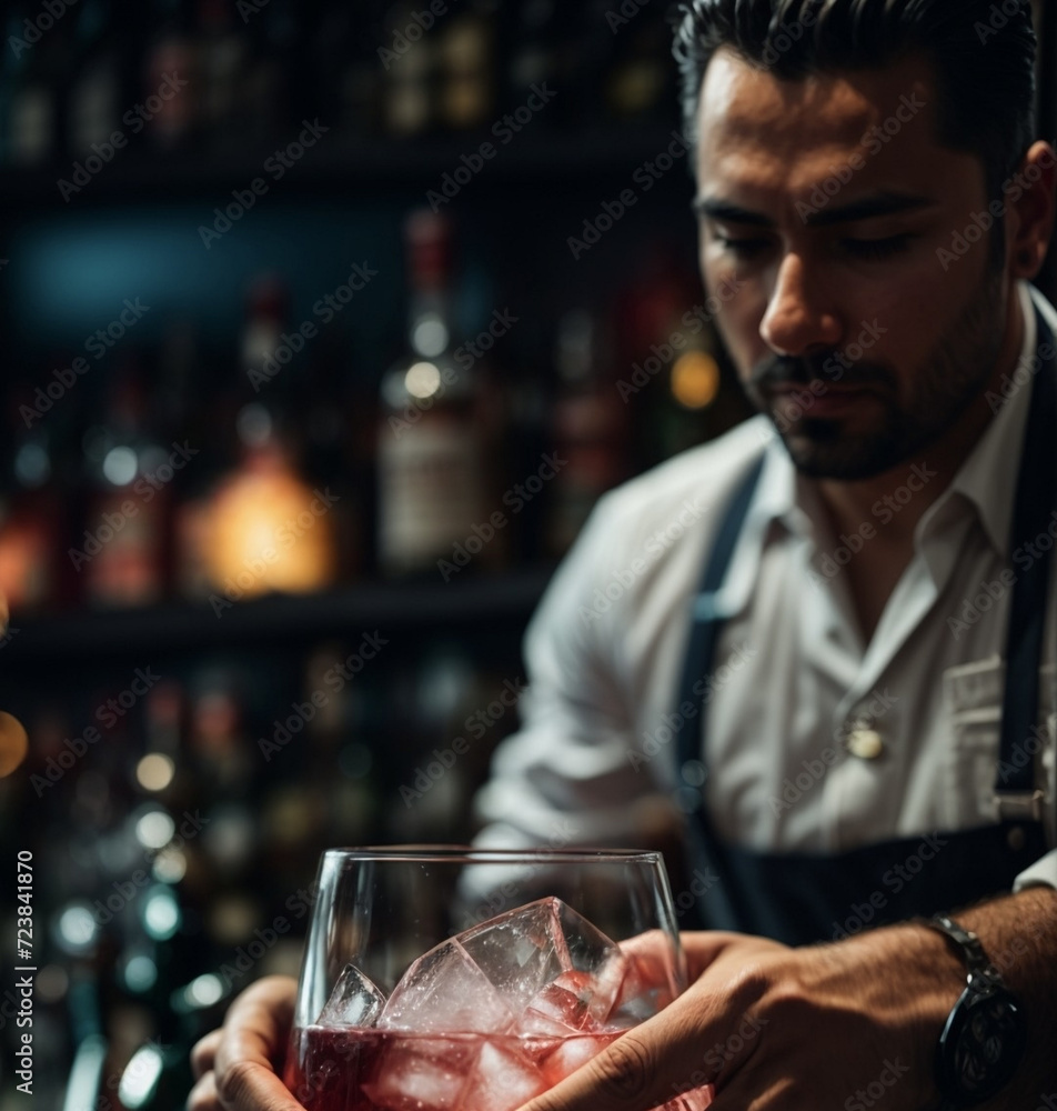 Bartender making big fresh cocktail. Man counter restaurant drink