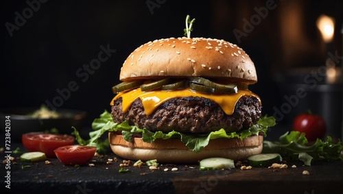 hamburger on black background. For advertising purposes 