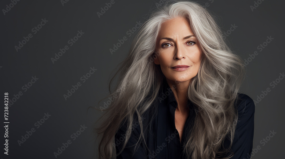 Elegant, smiling, elderly, chic, woman with gray long hair and perfect skin, on a creamy beige background, banner. Advertising of cosmetic products, spa treatments, shampoos and hair care, dentistry Elegant, smiling, elderly, chic, woman with gray long hair and perfect skin, on a creamy beige background, banner. Advertising of cosmetic products, spa treatments, shampoos and hair care, dentistry
