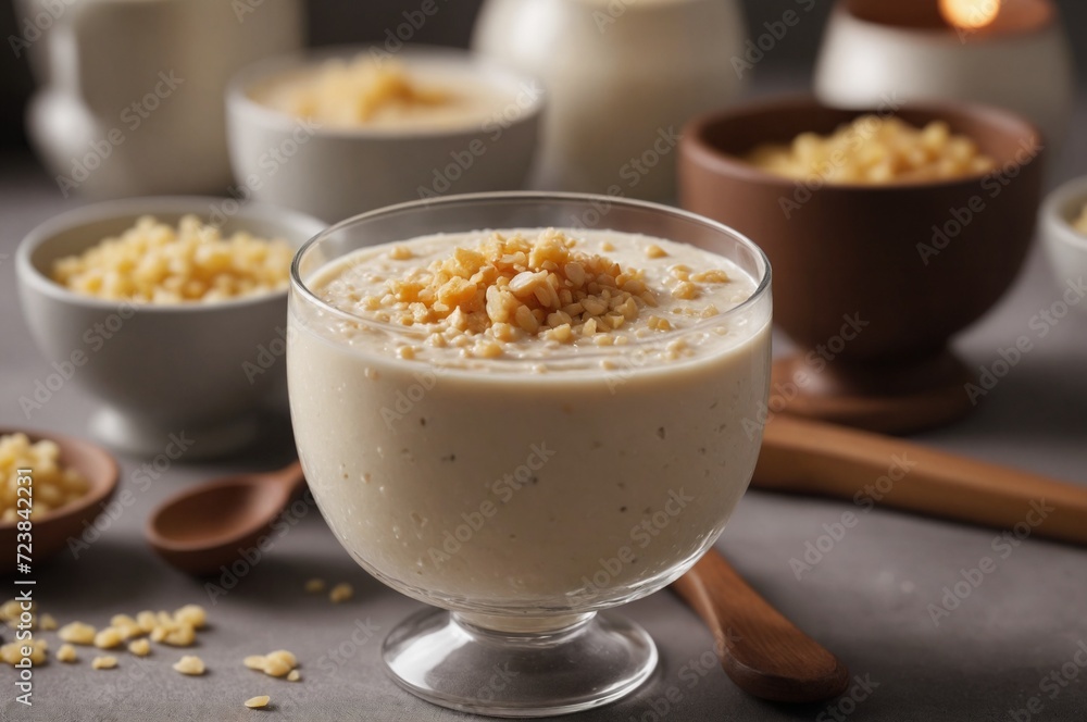 Creamy rice pudding in elegant serving glass Creamy rice pudding in elegant serving glass