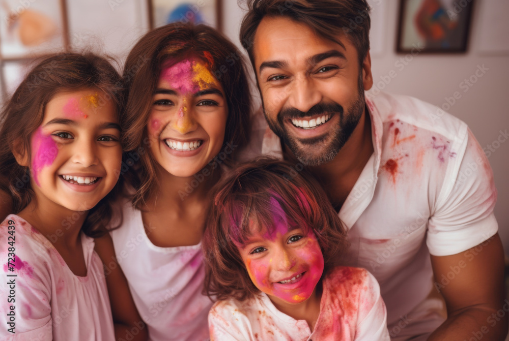 A Indian family including children celebrating Holi festival with colours	