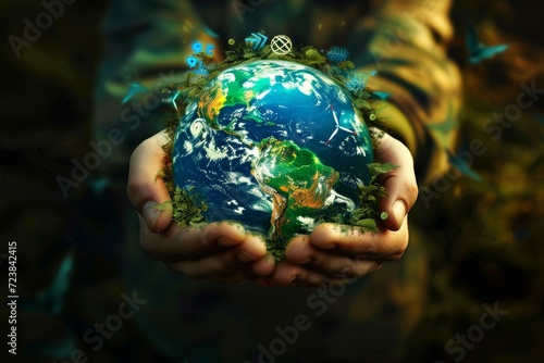 A thought-provoking piece depicting the Earth cradled in hands made of renewable energy symbols, emphasizing protection