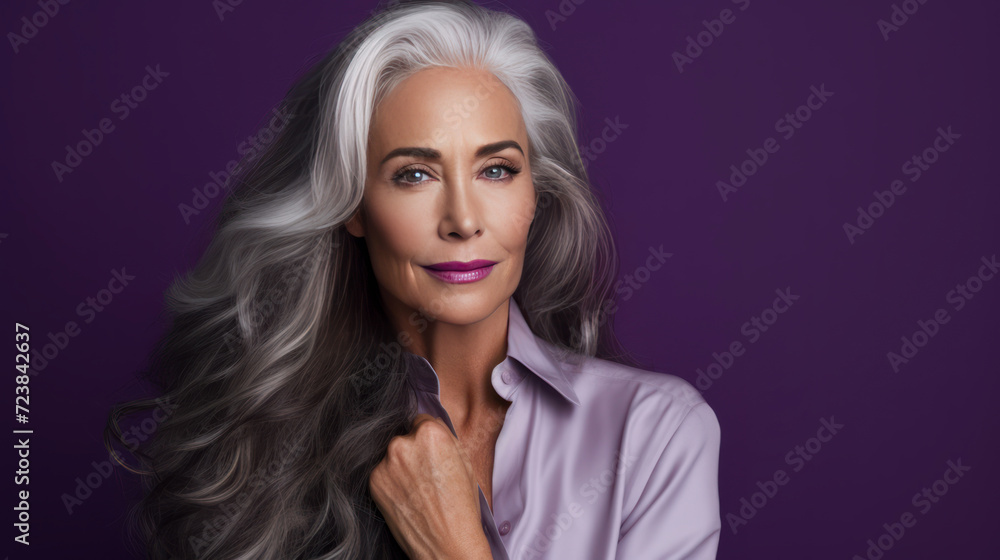 Elegant, smiling, elderly, chic, woman with gray long hair and perfect skin, on a purple background, banner. Advertising of cosmetic products, spa treatments, shampoos and hair care products