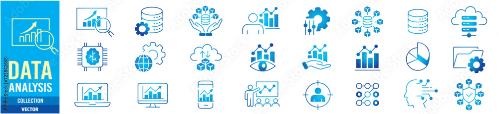 Data analysis, Analytics, Statistics, Big data, Database editable stroke line icons set collection illustration vector