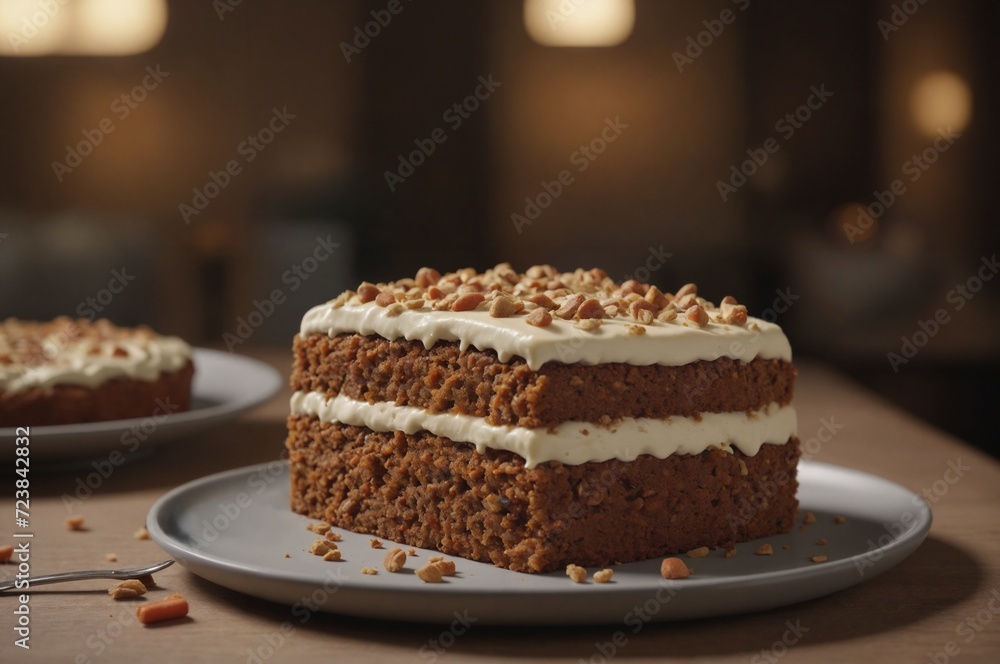 Gourmet carrot cake with cream cheese frosting and chopped nuts on elegant table setting Gourmet carrot cake with cream cheese frosting and chopped nuts on elegant table setting