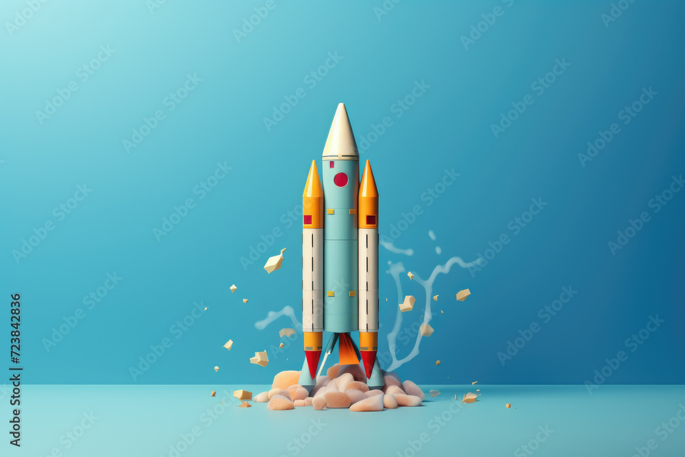 Naklejka premium Rocket on cloud made of blue and white crayons, back to school. Generative ai
