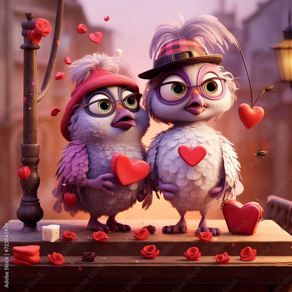 Fototapeta premium Couple of elderly birds, celebrating Valentine's Day together, with lots of hearts. 3D rendering concept design illustration.