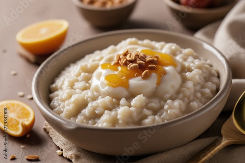Creamy rice pudding with honey and nuts