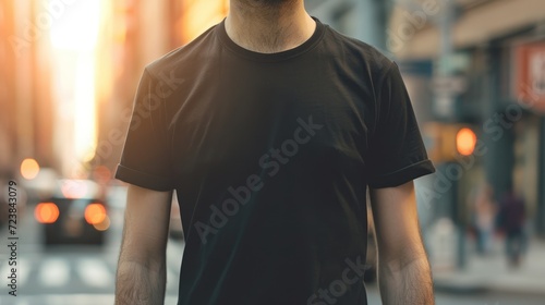 Young Model Shirt Mockup, Boy wearing black t-shirt on street in daylight, Shirt Mockup Template on hipster adult for design print, Male guy wearing casual t-shirt mockup placement, generative ai 