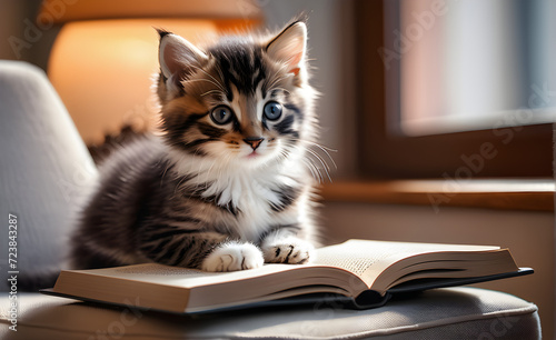 A cute kitten reading a book. Generative AI