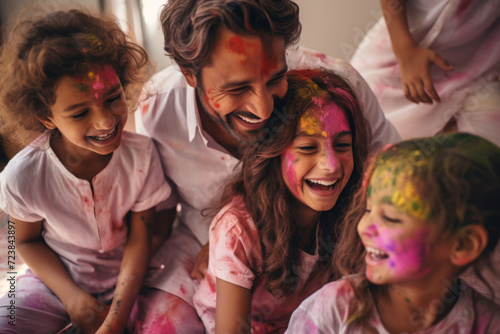 A Indian family including children celebrating Holi festival with colours 