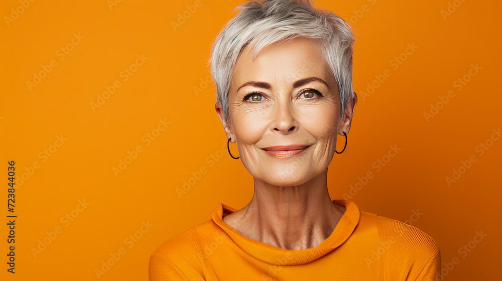 Elegant, smiling, elderly, chic, woman with gray hair and short haircut, on a yellow background, banner. Advertising of cosmetic products, spa treatments, shampoos and hair care products, dentistry Elegant, smiling, elderly, chic, woman with gray hair and short haircut, on a yellow background, banner. Advertising of cosmetic products, spa treatments, shampoos and hair care products, dentistry