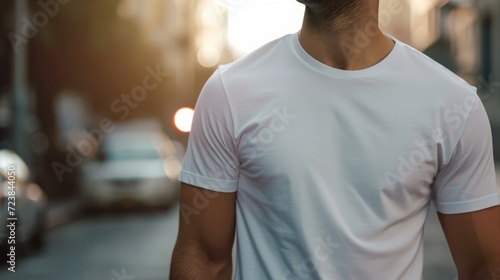 Young Model Shirt Mockup, Boy wearing white t-shirt on street in daylight, Shirt Mockup Template on hipster adult for design print, Male guy wearing casual t-shirt mockup placement, generative ai