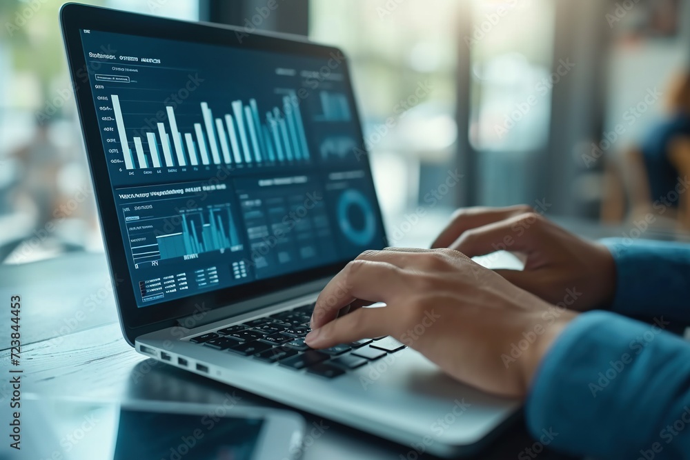 business man hand working on laptop computer financial with graphic graph chart diagram AI Generated