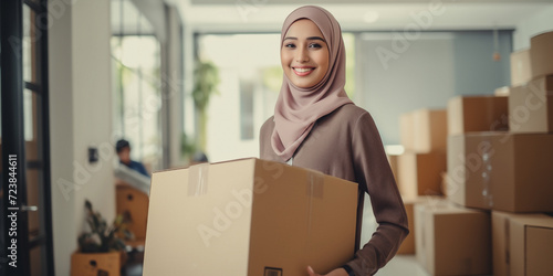 Islamic and professional woman in Hijab working in moving company providing reliable and respectful relocation services. Female carefully packing and transporting cardboard boxes inside a house. © Cala Serrano