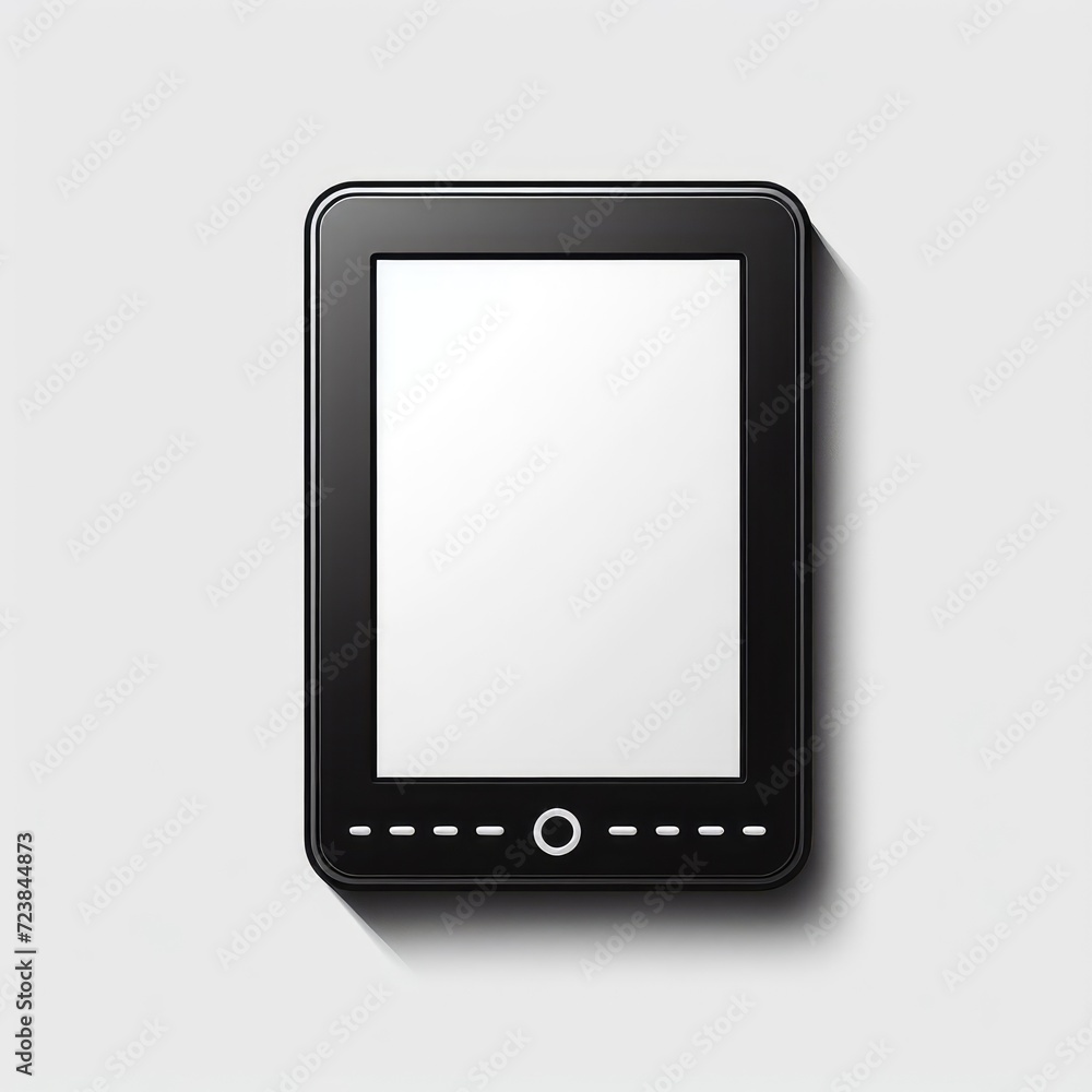 A black electronic device, resembling a tablet or e-reader, with a blank white screen. It has a rectangular shape with rounded corners A black electronic device, resembling a tablet or e-reader, with a blank white screen. It has a rectangular shape with rounded corners