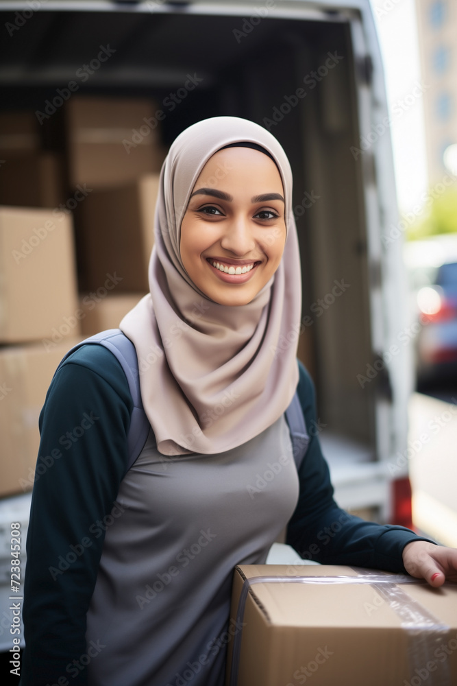 Islamic and professional woman in Hijab working in moving company providing reliable and respectful relocation services. Female carefully packing and transporting cardboard boxes in front of a van.