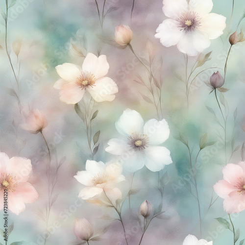 Delicate flowers on a transparent watercolor background. Pastel color palette