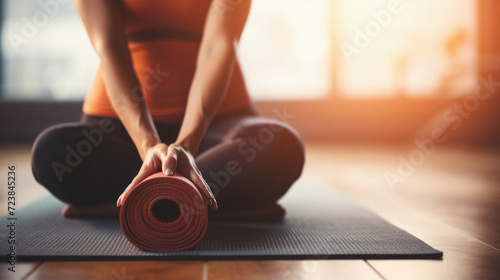 Cropped image of sporty woman holding yoga mat while sitting on floor at gym
