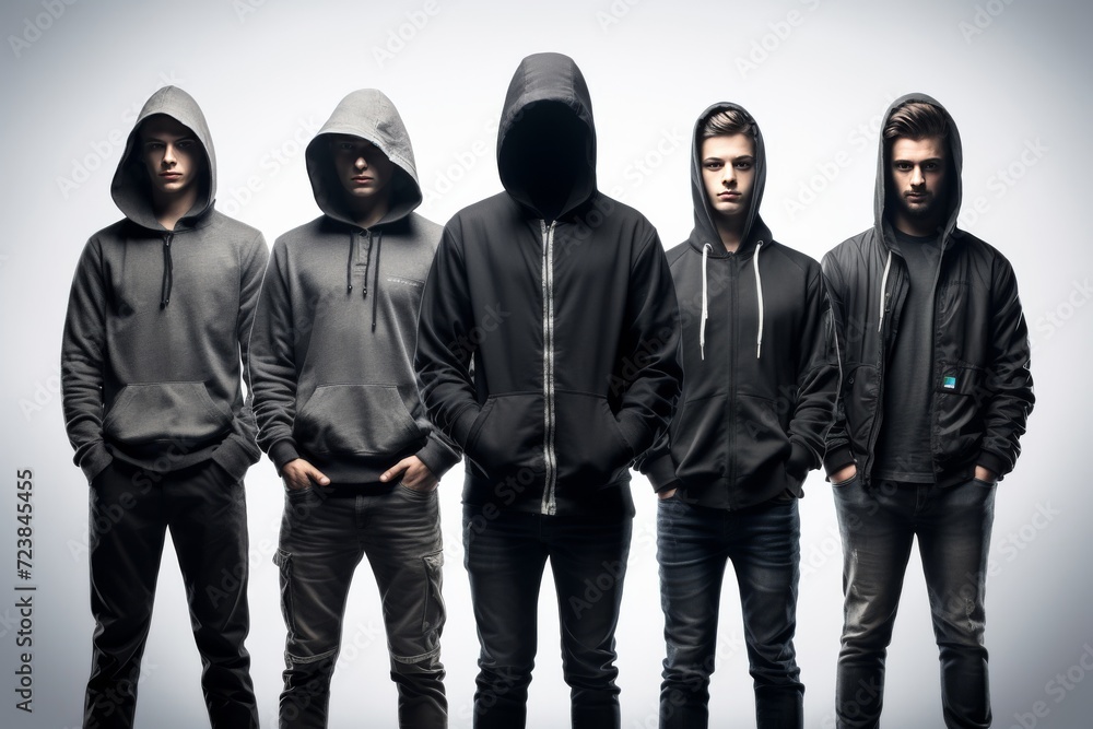 Group of hacker, cybercriminal with laptop stealing user personal data. Hacker attack and web security. Hacker in black hood with laptop trying to cyber attack. Generative AI. Group of hacker, cybercriminal with laptop stealing user personal data. Hacker attack and web security. Hacker in black hood with laptop trying to cyber attack. Generative AI.