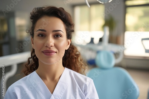Female dentist looks into the camera like she's going to examine a patient, dentist's office in the background is blurry.