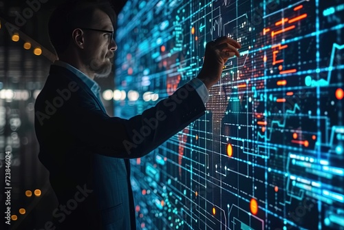 Man hand touching Global Internet connection. Financial and Digital link tech big data. AI Generated