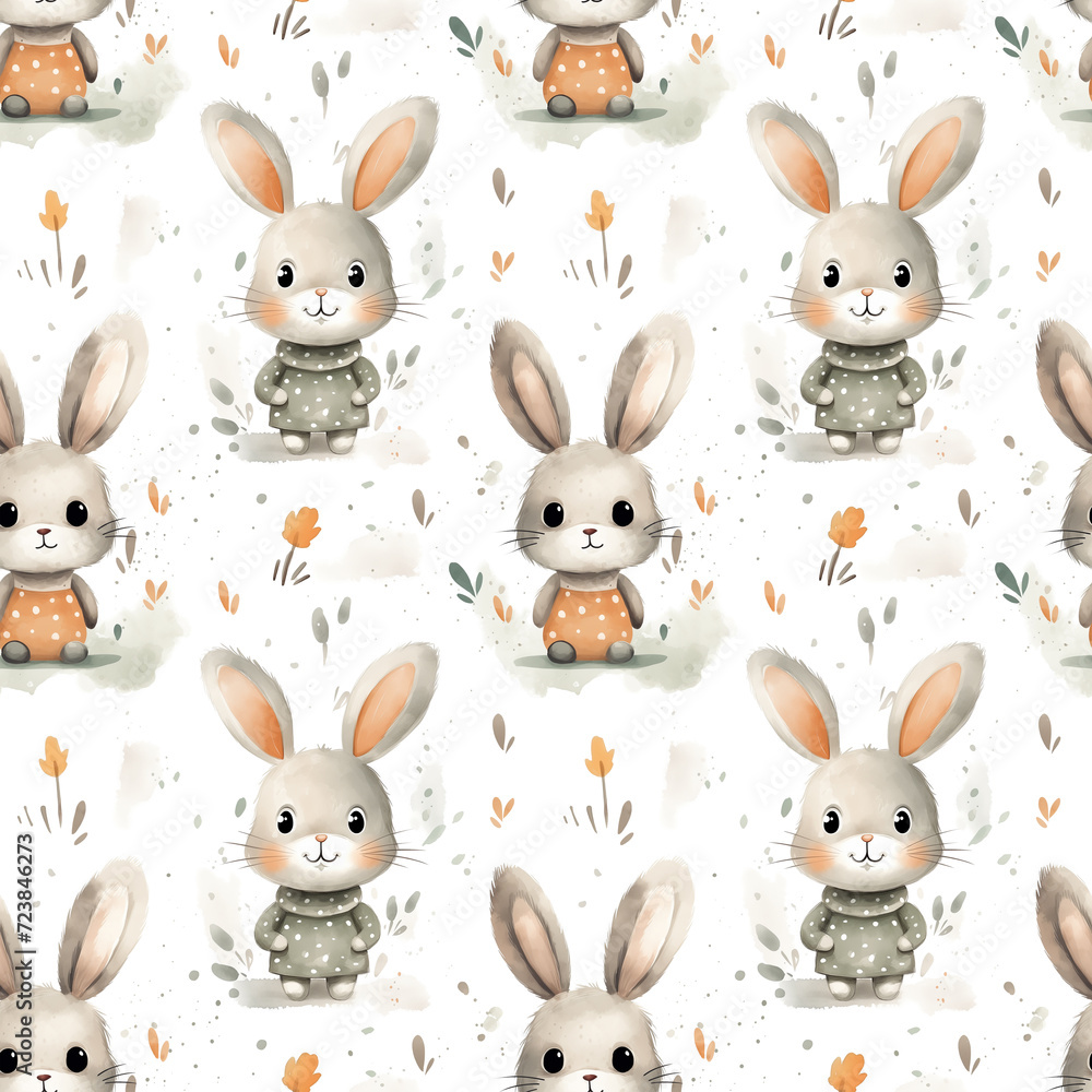 Watercolor seamless pattern with cute bunnies in various outfits with floral details isolated on white background. Watercolor seamless pattern with cute bunnies in various outfits with floral details isolated on white background.
