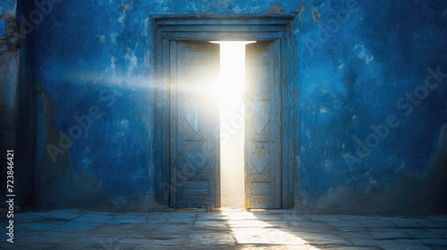 Old door in the blue wall with rays of light .
