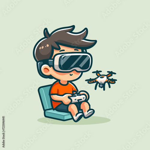 A person is flying a drone with FPV goggles and remote control while sitting on a portable sofa isolated cute vector illustration