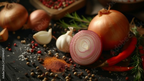 onion with spices on a black slate close up focus ingredients