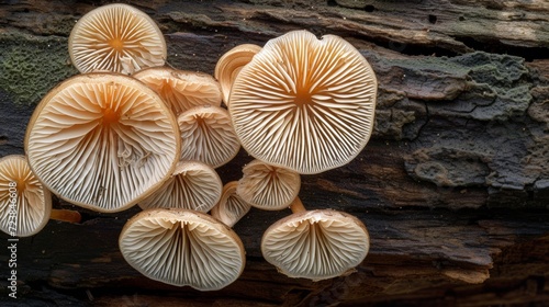 Group of Wild Mushrooms Flourishing on a Fallen Tree Trunk in a Forest