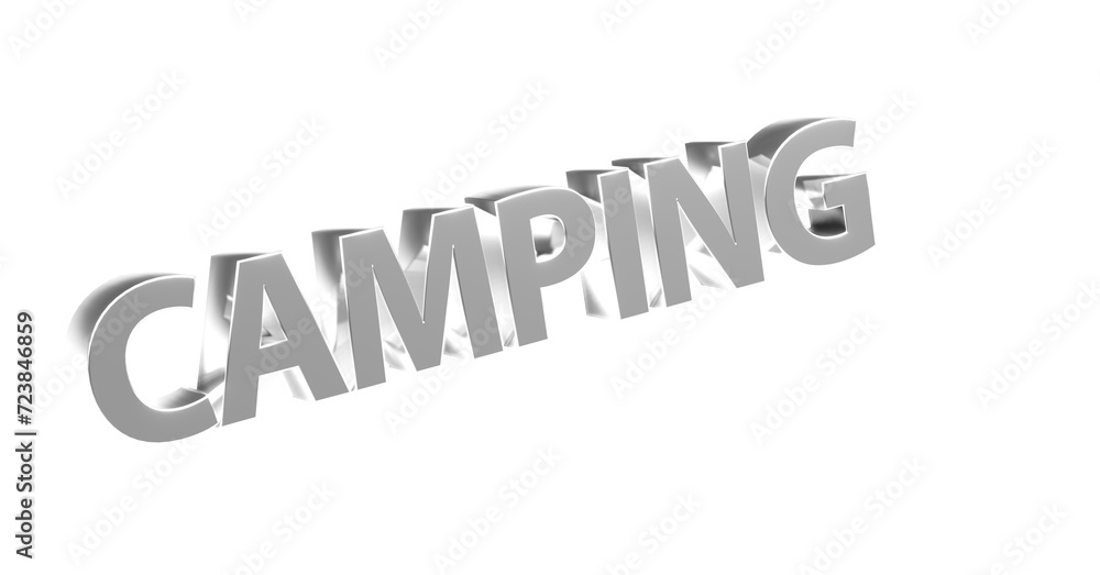 Camping, silberne plakative 3D-Schrift, Reisen, Urlaub, Zelten, Natur, Outdoor, Campingplatz, Ausrüstung, Caravan, Campingzelte, Lagerfeuer, Rendering, Freisteller Camping, silberne plakative 3D-Schrift, Reisen, Urlaub, Zelten, Natur, Outdoor, Campingplatz, Ausrüstung, Caravan, Campingzelte, Lagerfeuer, Rendering, Freisteller